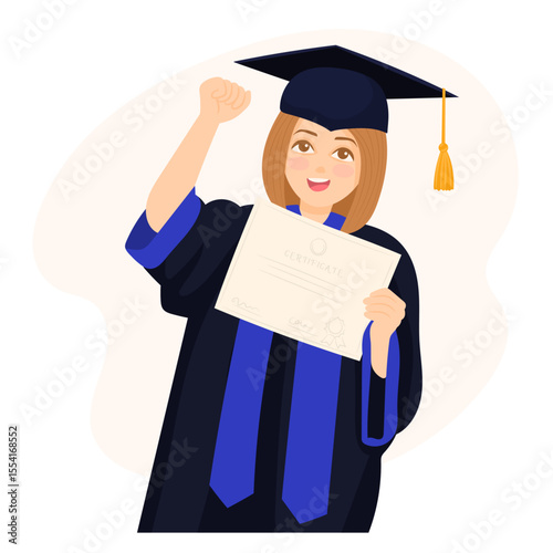 Graduated boy or girl with diploma. School graduation coat and cap.