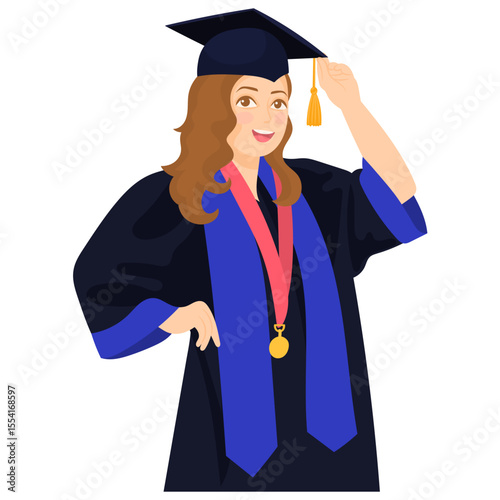 Graduated boy or girl with diploma. School graduation coat and cap.