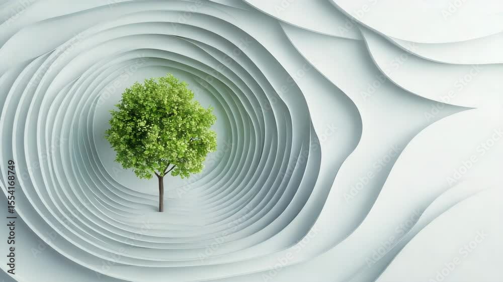Technology and nature concept.A single green tree stands in the center of layered, abstract white paper-like waves, evoking freshness and minimalism.