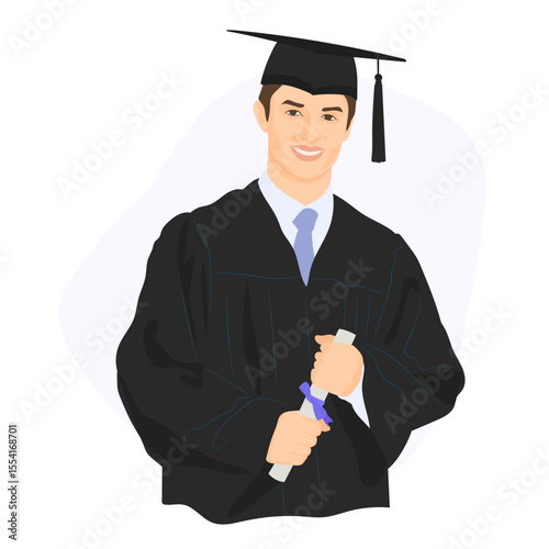 Graduated boy or girl with diploma. School graduation coat and cap.