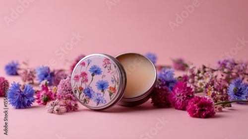 organic lip balm in a metal container surrounded by wildflowers
