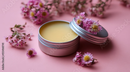 organic lip balm in a metal container surrounded by wildflowers
