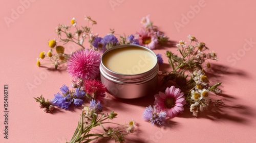 organic lip balm in a metal container surrounded by wildflowers