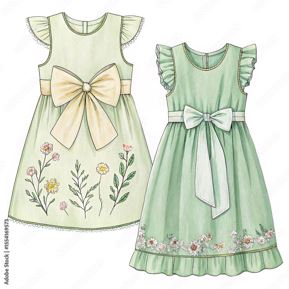 Obraz premium Watercolor Illustration Two Pastel Green Girls Dresses Floral Embroidery Big Bows Ruffled