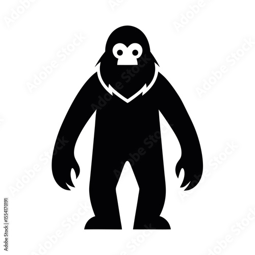 Silhouette Illustration of a Bigfoot, Sasquatch, Standing on White Background, Showing Furry Details