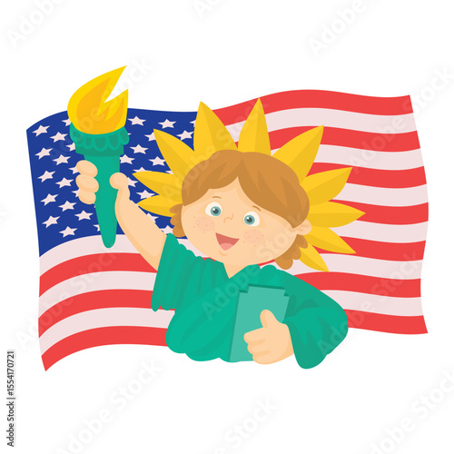 USA flag flutters in the wind. Independence day 4th of July. Independence day, cute child waving USA flag.