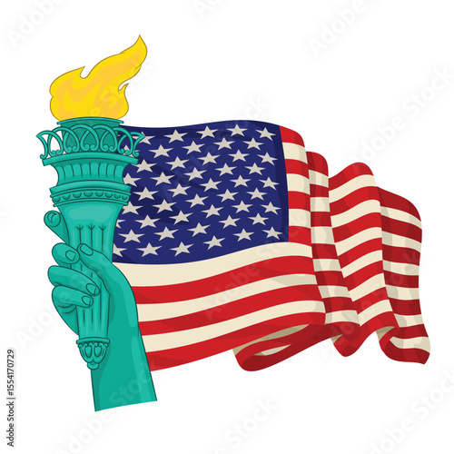 USA flag flutters in the wind. Independence day 4th of July. Independence day, cute child waving USA flag.