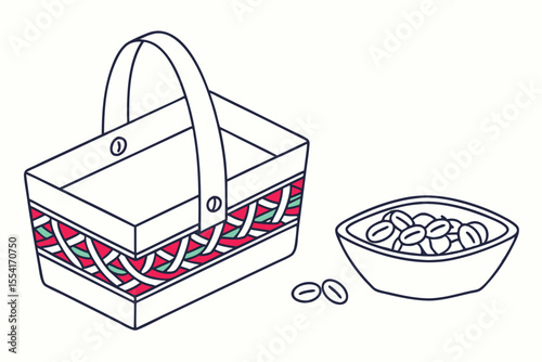 Minimalist illustration of a gift hamper filled with snacks and treats