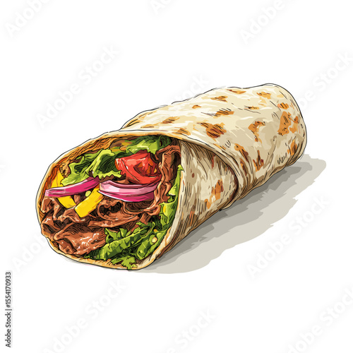 Shawarma Wrap with Colorful Fillings and Grilled Meat
