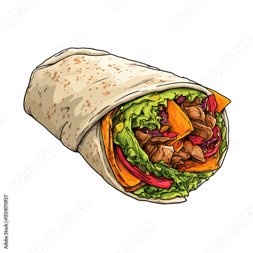 Shawarma Wrap with Colorful Fillings and Grilled Meat