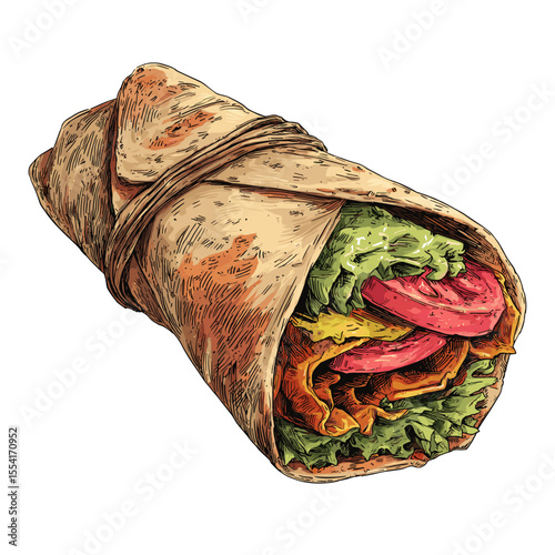 Shawarma Wrap with Colorful Fillings and Grilled Meat