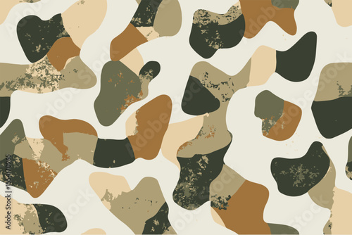 A camouflage pattern composed of various shades and shapes, designed to mimic the appearance of military camouflage.The background is white with brown, green, beige, and olive colors
