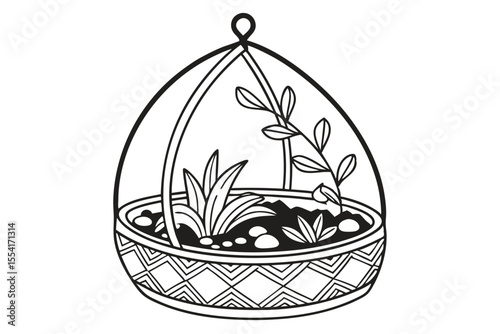 Minimalist illustration of a lush terrarium with vibrant plants and natural elements