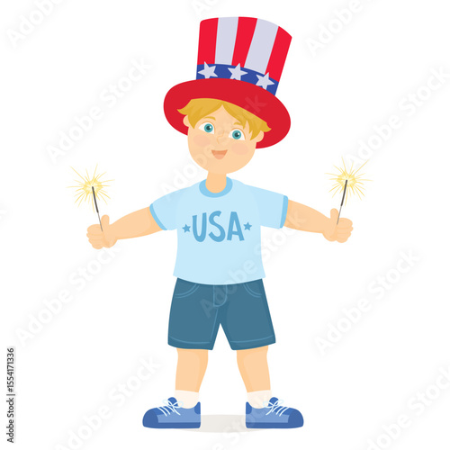 USA flag flutters in the wind. Independence day 4th of July. Independence day, cute child waving USA flag.