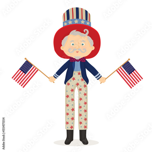 USA flag flutters in the wind. Independence day 4th of July. Independence day, cute child waving USA flag.
