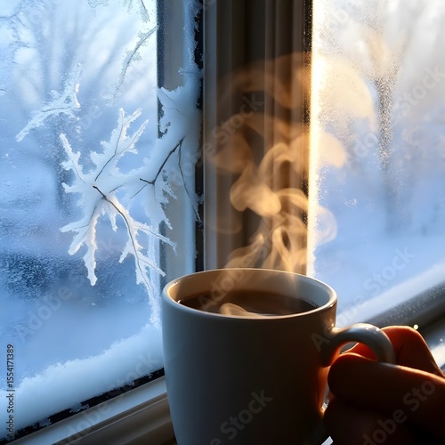 Frost clinging to windows while steam curls from a barely sipped mug.

