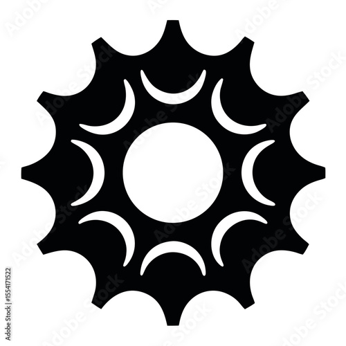 Black gear illustration featuring semicircular openings and a central circular void on white