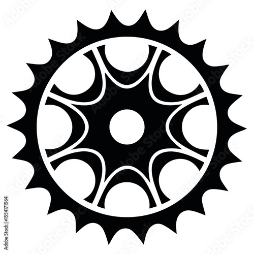Black Ornamental Gear with Rounded Spokes and Sharp Outer Edges, Isolated on White