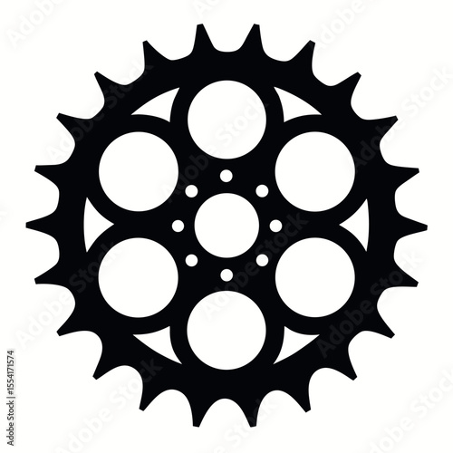 Black Gear with Circular Cutouts and Teeth on White Background, Isolated Mechanical Component