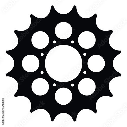 Black Sprocket with Circular Cutouts and Outer Teeth, Isolated on White Background