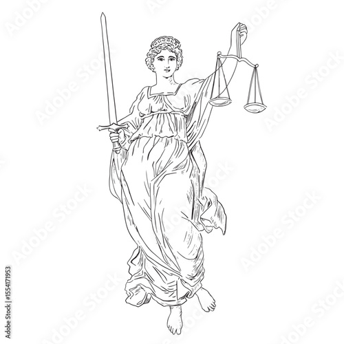Justice with scales and sward in hands lady Femida Themis illustration.