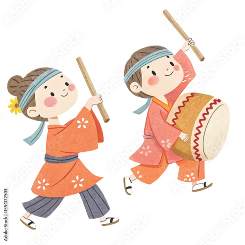 Cartoon of a boy and girl wearing Numata Festival Clipart Watercolor
