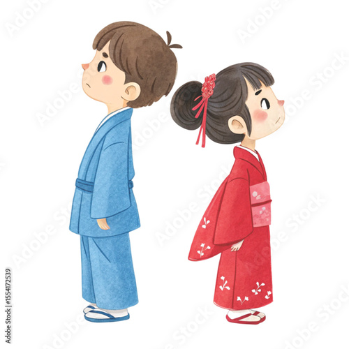 Cartoon of a boy and girl wearing Numata Festival Clipart Watercolor
