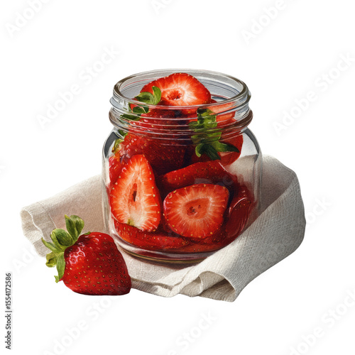 Freshly sliced strawberries in glass jar kitchen food image natural lighting transparent background illustrator style