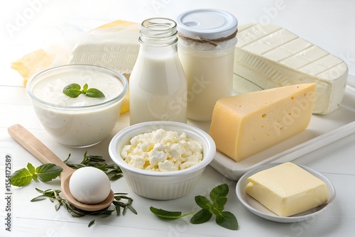 Assortment of dairy products including cheeses milk butter and yogurt on white wooden background