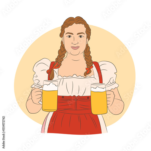 Woman in traditional Bavarian dress, holding a beer glass. Oktoberfest illustration