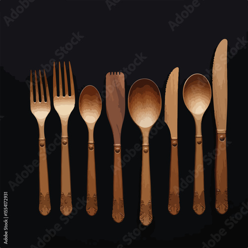 wooden kitchen utensils on black background