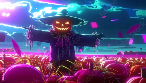 A Digital Art Scarecrow in a Glowing Gourd Field at Night