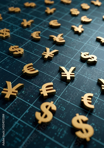 Global Currency Symbols on Grid International Finance and Investment Concepts