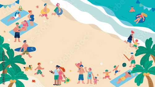 海と夏を楽しむ人々の手書きのフラットイラスト　