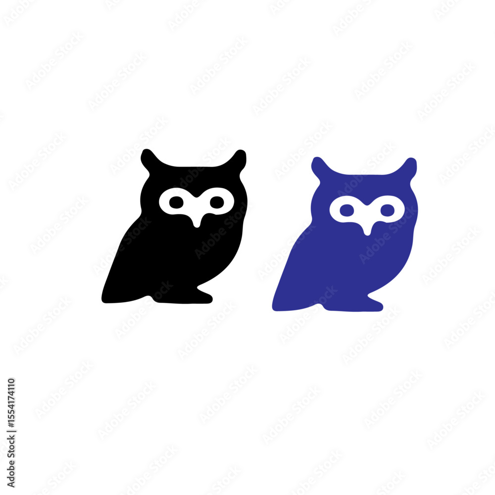 Two owl icons one black and one blue isolated on white background Two owl icons one black and one blue isolated on white background