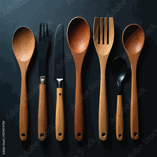 wooden kitchen utensils on black background