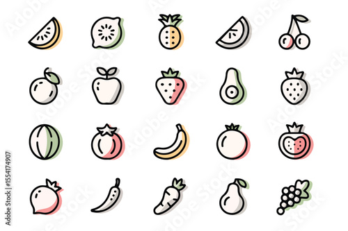Illustrated collection of delicious fresh and colorful fruit icons