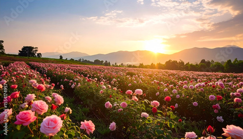 Wallpaper Mural Serene sunrise over a vast field of pink roses, gently sloping hills in the background, creating a picturesque landscape Torontodigital.ca