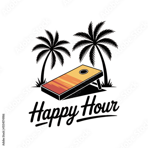 Happy Hour cornhole game with palm trees, Cornhole board with sunset gradient and "Happy Hour" text, set between tropical palm trees for a beach party vibe.

