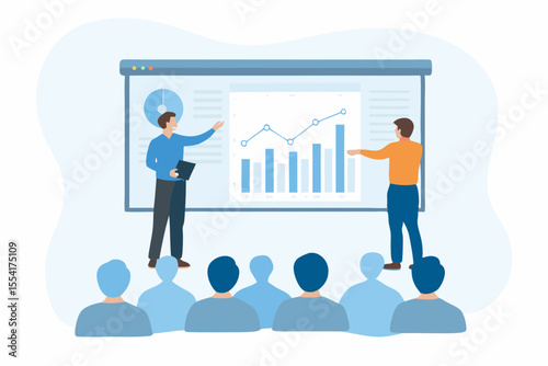 Business presentation with charts and graphs two presenters and an audience