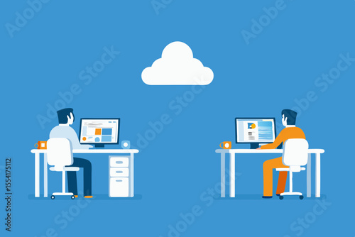 Two employees working at desks under a cloud computing network illustration