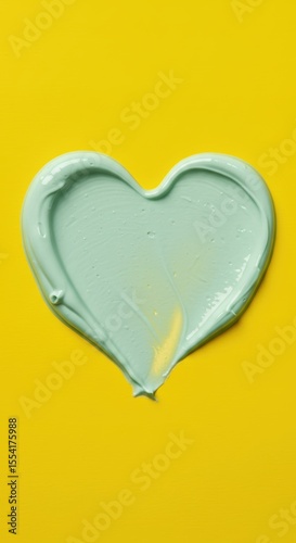 A smear of light green or blue cream on a flat yellow background. Creamy product strokes in the shape of a heart. Skin care product swatches. Moisturizer or clay mask for face and body.
