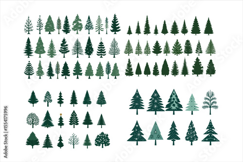 set of pine trees, tree, winter, forest, snow, pine, vector, fir, nature, holiday, illustration, landscape, celebration, season, green, wood, decoration, trees, spruce, scene, design, evergreen, conif