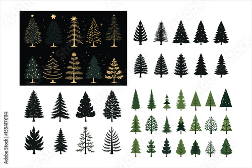set of pine trees, tree, winter, forest, snow, pine, vector, fir, nature, holiday, illustration, landscape, celebration, season, green, wood, decoration, trees, spruce, scene, design, evergreen, conif