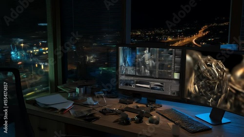 Nighttime Cityscape View From Office Desk with Modern Computer Setup and Abstract Lighting Reflecting on Dark Furniture