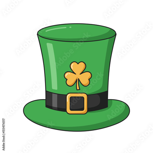 Green leprechaun hat with shamrock decoration for St. Patrick's Day, vector illustration. Traditional symbol, holidays and celebration