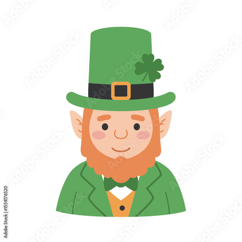 Friendly leprechaun wearing green hat with shamrock and suit, vector illustration. St. Patrick's day celebration, traditional symbol