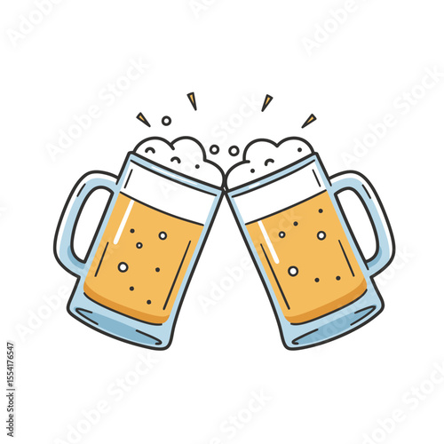 Two clinking beer mugs with foam, colored vector illustration. Pubs and bars menu, Oktoberfest festival. Cheers and celebration, meeting with friends	