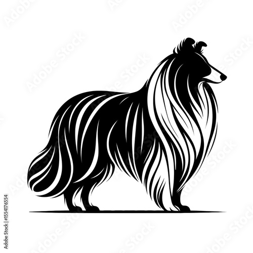Vector illustration of collie dog designed in black strokes and lines. Family pet, love and care for animals, adoption fair. Types of breeds