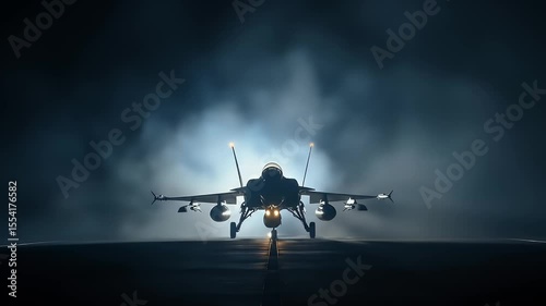 Pixelated Fighter Jet on Dark Runway with Fog and Yellow Ground Lights Digital Art 8 Bit Style Retro Aesthetic Military Aviation Display